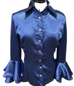 Camisa de Satén de la Marina Real con Acabado Luminoso y Mangas con Volantes - Product Image 1