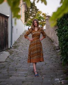 Hand Loom Ikat Revati Dress Calf Length Bohemian Brown Yellow White Pure Cotton Casual Occasional Handmade - Product Image 1