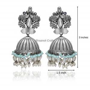 Pendientes de diseñador oxidados de plata Pendientes de Jhumkas con patrón de pavo real hermoso para mujeres y niñas para pendientes de fiesta de boda - Product Image 3