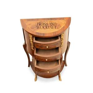 Commode de chevet demi-lune classique en bois avec tiroirs à façade incurvée et accents dorés, meuble de luxe artisanal - Product Image 3