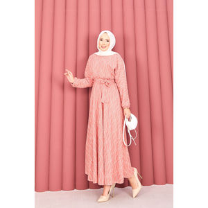 Robe Hijab Rose Poudré en Dentelle Texturée avec Ceinture Amovible, Motif Simple, Modeste et Basique pour Usage Quotidien Islamique, Coupe Droite pour l'Été - Product Image 6