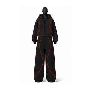 Custom <b>Women</b>’s 2 Piece Tracksuit Set Cropped Zip Hoodie Wide Leg <b>Pants</b> Contrast Piping Stripe Design Oem/Odm Wholesale - Product Image 1