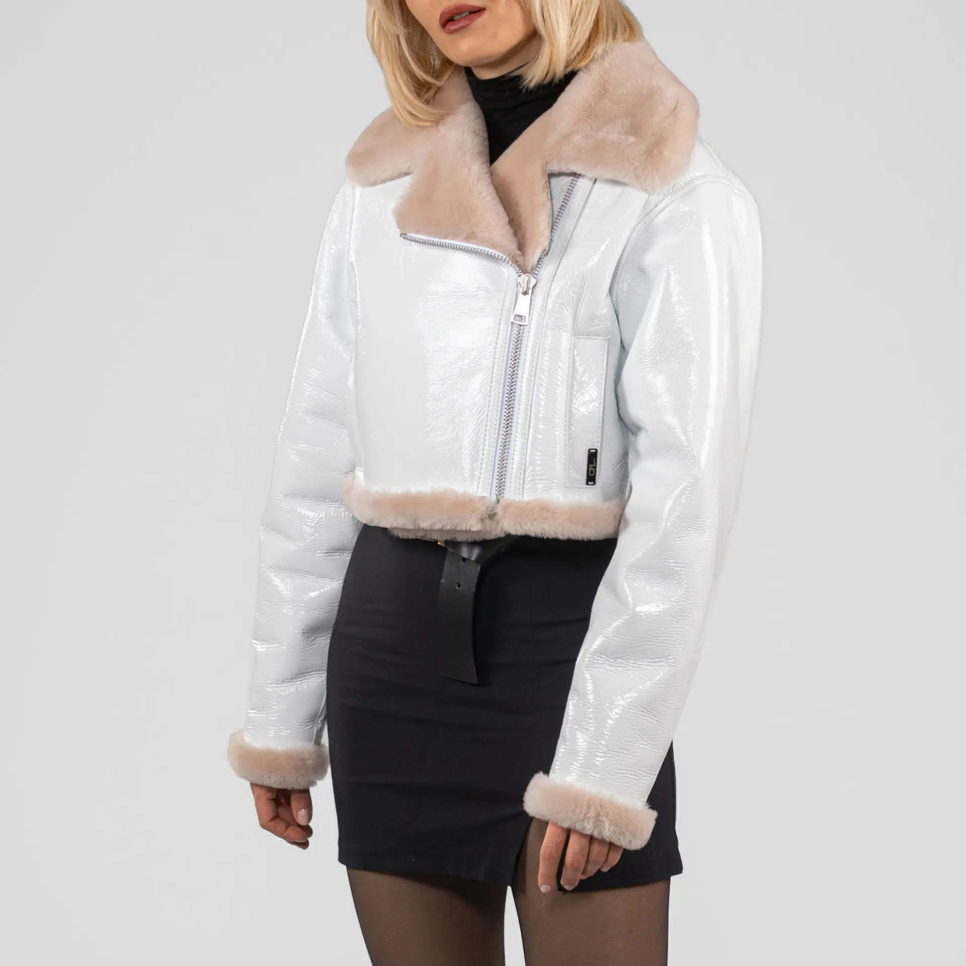 Hot Selling Women's Fashion Leather Jackets concealed side zip pockets Length 44cm In white color interior part is in pink color