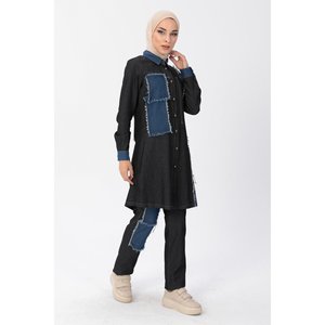 Ensemble décontracté noir MSW10074-1 en denim 2 pièces avec hauts longs mi-mollet à col rond et manches longues avec fermeture éclair - Product Image 4