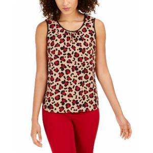 Top traspirante da donna Anne Klein marrone con stampa leopardata, scollo a V, manica corta, taglia media - Product Image 1