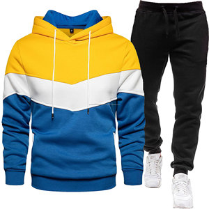 2025 vente en gros hommes Polyester Sport survêtement couleur bloc polaire pull sweats à capuche et pantalons de survêtement survêtement ensemble pour la saison de printemps - Product Image 1