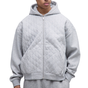 460 Grams Heavy Thick <b>Zip</b>-Up Quilted Fleece Boxy Cropped Pullover Hoodie Custom Embroidery 100% Cotton Quick Dry Breathable for - Product Image 1