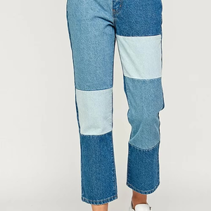 Pantalones vaqueros de mezclilla con bloques de color personalizados a precio de venta al por mayor, pantalones vaqueros rectos de cintura alta de la mejor calidad para mujer - Product Image 5