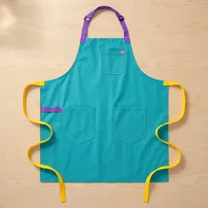Tablier de cuisine réutilisable robuste bleu sarcelle avec sangle de cou violette et attaches jaunes, 3 poches, lavable en machine pour la cuisine et l'usage quotidien - Product Image 1