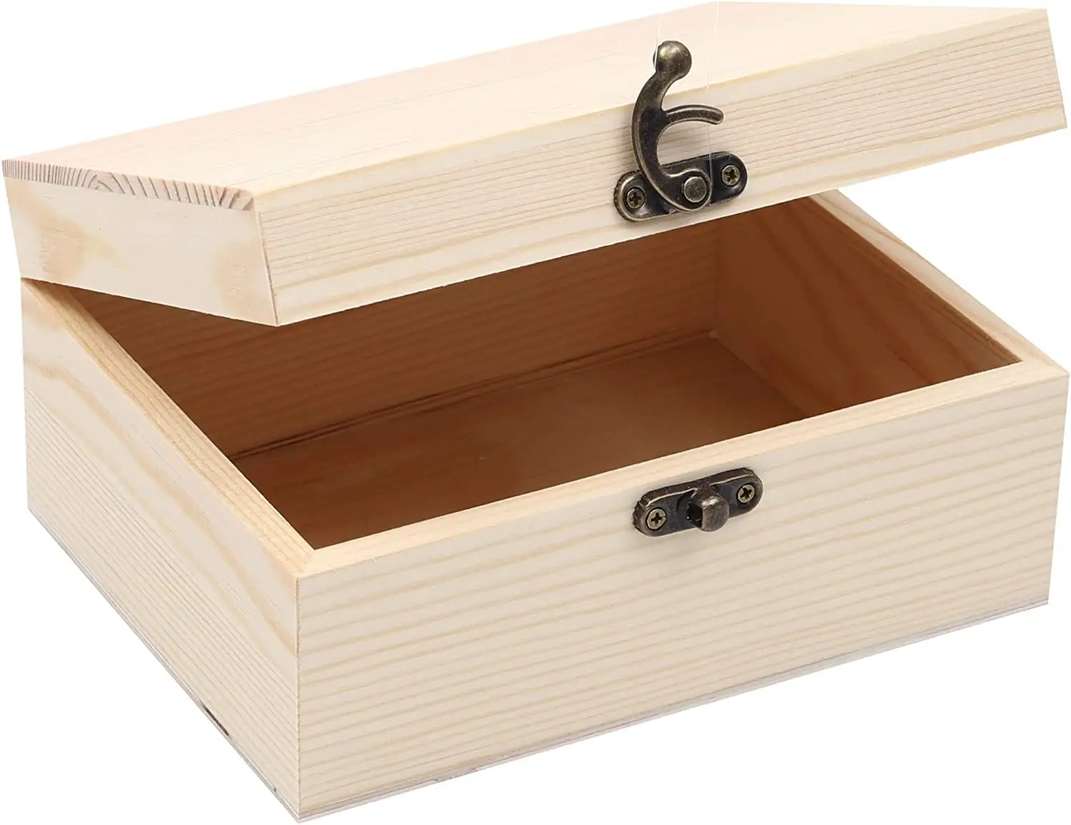 Caja de madera de pino de la mejor cantidad para accesorios de maquillaje con tapa con bisagras, caja de pino Lisa para joyería