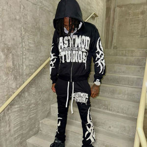 Zip Up Distressed Brodé Acide Lavage Soleil Faded Distressed Ensembles Vintage Hoodie Sunfaded Ensembles Survêtement Survêtements Survêtements - Product Image 1