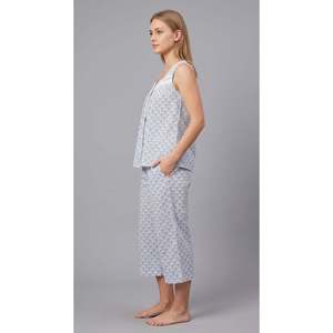 Ensemble de pyjama capri à manches longues Evolve X Venus pour femme, 100 % coton, col rond, imprimé, séchage rapide - Tenue de détente élégante bleue - Product Image 3