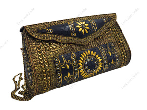 Handcrafted <b>Black</b> Gold Mosaic Clutch <b>Bag</b> with Floral Metal Inlay Detailing Luxury <b>Evening</b> Party Wedding Statement Handbag - Product Image 2
