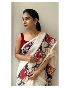 Heavy Lilen Digital Print Saree con Royal Ethnic Kalamkari Motif Print y Mirror Work All over Saree, Women Wedding Wear - Product Image 1