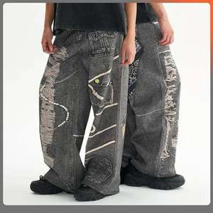 กางเกงยีนส์ขาตรงสไตล์สตรีทยีนส์พิมพ์ลายแฟชั่นผ้าคอตตอนแท้รุ่นเฮฟวี่เวท - Product Image 1