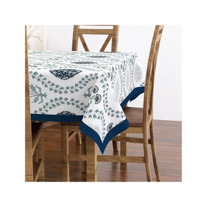 Nappe Blanche Motif Plumes Bleues Bordure Imprimée Ornementale Rectangulaire Housse de Table Décorative Textile de Maison Vente en Gros - Product Image 3