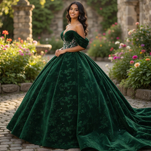 1530 Luxury <b>Emerald</b> Green Velvet Ball Gown 2026 Beaded Quinceanera <b>Dress</b> Prom Gown - Product Image 1