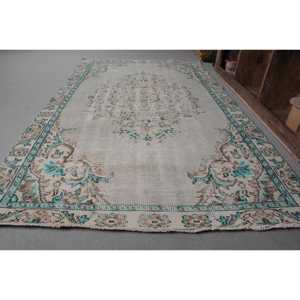 Vintage Classic Turkish Rug 5x8 Feet Beige and Blue Patchwork Design Handmade Wool with Latex Backing for Living Room - Product Image 2