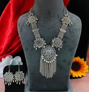Intricate Vintage Charm Pattern Crafted Oxidised Silver Detailed Antique Finish <b>Long</b> <b>Necklace</b> Set Fashion <b>Necklaces</b> - Product Image 1