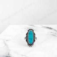 Troisième bague pour femme en argent sterling 925 massif avec pierre précieuse turquoise tibétaine bleue, ovale longue 10x30mm, sertie clos, faite à la main, tendance