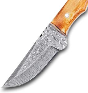 Cuchillo de caza y acampada de acero de Damasco, mango de Pakkawood, hoja fija, Funda de cuero para supervivencia al aire libre personalizable, compatible con OEM - Product Image 2