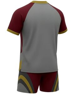 ชุดกีฬาเสื้อและกางเกงขาสั้นแบบกำหนดเอง สีแดงอมน้ำตาล เทา ทอง โพลีเอสเตอร์ พิมพ์ลายแบบซับลิเมชั่น ชุดทีมสำหรับผู้ชาย ชุดฝึกซ้อม - Product Image 2