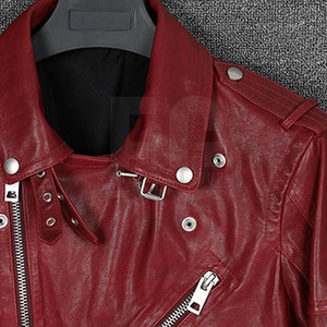 Chaqueta de Motociclista de Cuero Roja para Hombre, con Cierre, Cuello Camisero, Cinturón en la Cintura, Corte Ajustado, para Otoño - Product Image 4