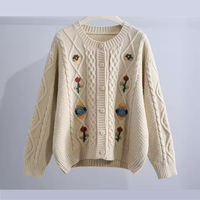 Pull en tricot brodé pour femme, décontracté, automne-hiver, manches longues, épaules tombantes, col rond, 100% coton, séchage rapide, boutonné