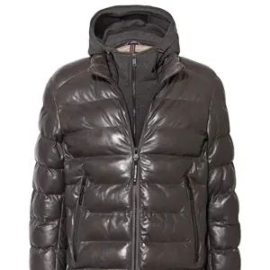 2024 Hot Selling Genuine Sheepskin Black Leather Puffer Jacket Men's Hooded Coat Breathable Design Zippered Style Men's Coat
