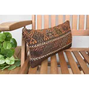 Almohada de lana de retazos Kilim marrón, cojín decorativo de 8x16 pulgadas con patrón de hojas esponjosas Vintage para uso en el suelo - Product Image 2