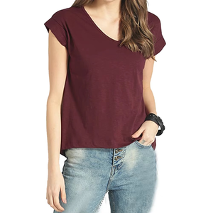 Venta al por mayor de alta calidad de las mujeres camiseta Casual de secado rápido transpirable cuello en V de corte regular de manga corta personalizado liso teñido - Product Image 1