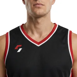 Ensemble d'uniformes de basketball unisexe noir, rouge et blanc, maillot sans manches à col en V, short respirant en polyester, imprimé par transfert thermique, pour adultes - Product Image 4