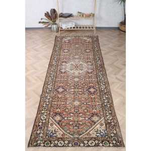 Vintage Runner Rug, 3.6x10.6 ft Turkish Rug, <b>Brown</b> Striped <b>Wool</b> Rug - Product Image 1