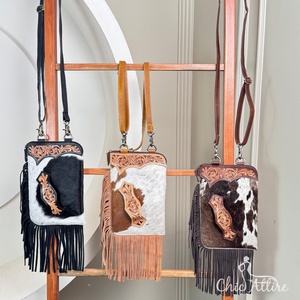 2025 Trending Designer Cowhide Sling <b>Bag</b> with Hand Tooled Leather Hand Strap & Fringe Rustic Crossbody Handbag Purse for Women's - Product Image 1