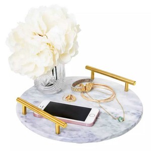 Plateau rond en marbre blanc naturel avec poignée dorée pour le plateau de service de la cuisine, de la maison et de l'hôtel, nouveau Design - Product Image 4