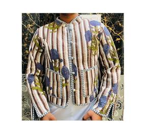 Indian Hand Block Blue <b>Floral</b> Printed <b>Quilted</b> Jackets for Women Full Sleeves Boho Coat with Cotton Filling Fashionable Best Gift - Product Image 1