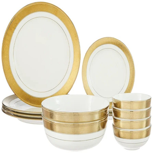 Service de table en céramique de qualité supérieure de 14 pièces | 4 assiettes à dîner, 4 assiettes à dîner, 2 grands bols et 4 petits bols | Golden Strip - Floral - Product Image 2