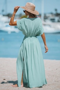 Vestido bohemio de pierna alta de nuevo diseñador ligero para verano, ropa de playa para mujer, cuello en V, caftán largo, ropa informal, Vestido de manga corta - Product Image 4