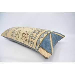 Geometric Kilim Patterned Wool Pillow 16x36 Inch <b>Beige</b> Vintage Fluffy Decorative Accent <b>Cushion</b> for Floor Use - Product Image 5