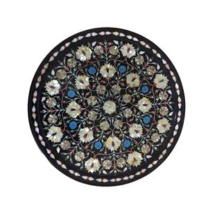 Modern Luxury Floral Marble Medallion <b>Round</b> Shape Polished Black Marble Inlay Coffee <b>Table</b> <b>Top</b> with Flower Design - Product Image 1