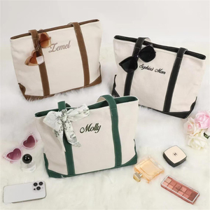 Borsa Tote in Tela con Rifiniture a Contrasto Personalizzate, Nome e Logo Iniziale Ricamati, per Bomboniere Matrimonio e Regali Damigelle - Product Image 1