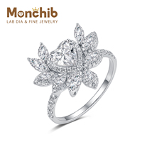 Bague pour femme en or blanc 18 carats avec diamant de laboratoire, pierre centrale taille cœur, accent feuille florale marquise, bande pavée, bague tendance