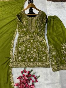 NUEVO SALWAR KAMEEZ DE DISEÑADOR para MUJER con DUPATTA ELEGANTE, SEDA CHINON PESADA con BORDADO, DE SECADO RÁPIDO, para FIESTAS, TODAS LAS TEMPORADAS - Product Image 4
