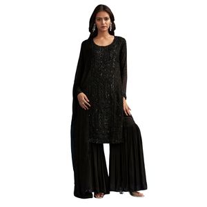 Costume de palazzo pakistanais noir avec paillettes embellies Kurta et Dupatta vente en gros de vêtements ethniques pour femmes fournisseur en vrac d'usine OEM - Product Image 1