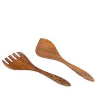 Ensemble d'ustensiles de service pour salade en bois d'acacia fait main, avec manche en spirale, écologique, compatible lave-vaisselle et micro-ondes, fabriqué en Inde