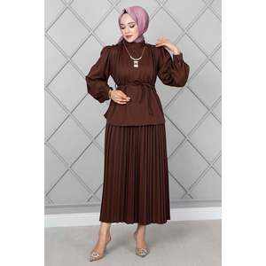 Hombros Botón Detalle Hijab 2 Piezas Traje Marrón - Product Image 3