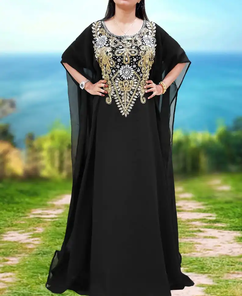 İslam Dubai moda lüks abaya müslüman nakış kaftan kadınlar akşam parti uzun kollu elbise