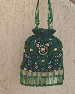 Atiya Libas Dark Green Silk Bucket <b>Bag</b> with Dori Closure Crystal Glass Beads Pearl & DABKA Embroidery-Elegant Fashion Party Wear - Product Image 1