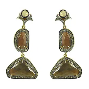 Boucles d'oreilles pendantes plaquées or pour femmes avec pierres précieuses brunes, bijoux tendance - Product Image 1