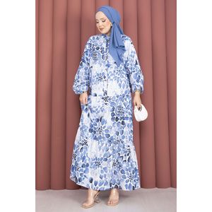 Indigo Teardrop Pattern Half-Button <b>Dress</b> for Women Casual Elegent Kaftan Mandarin Collar Breathable Empire One Fits All - Product Image 1